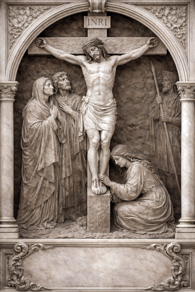 Way of the Cross – Fifth Friday of Lent Jesus dies on the cross with INRI inscription, marble relief