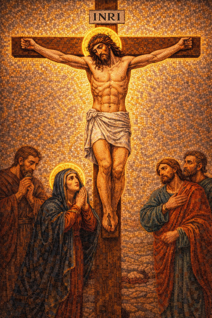 Station 12 Jesus dies on the cross Byzantine mosaic crucifixion scene with INRI above the cross