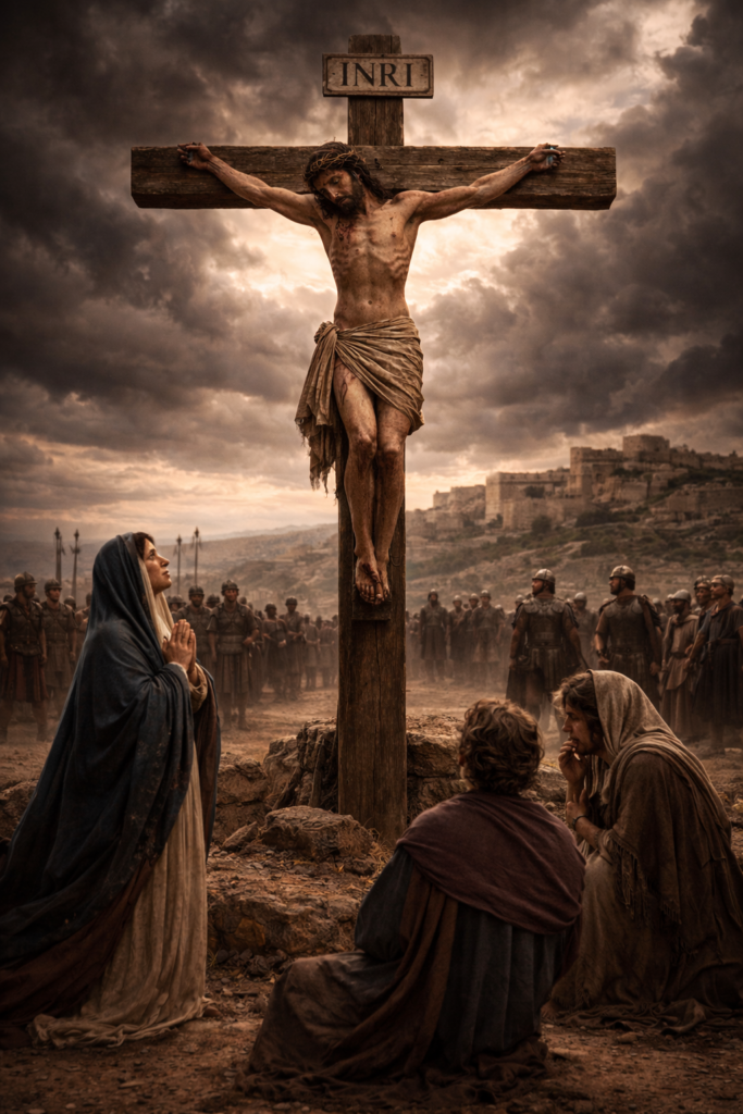 Station 12 – Jesus dies on the cross at Calvary as the sky darkens and His followers mourn