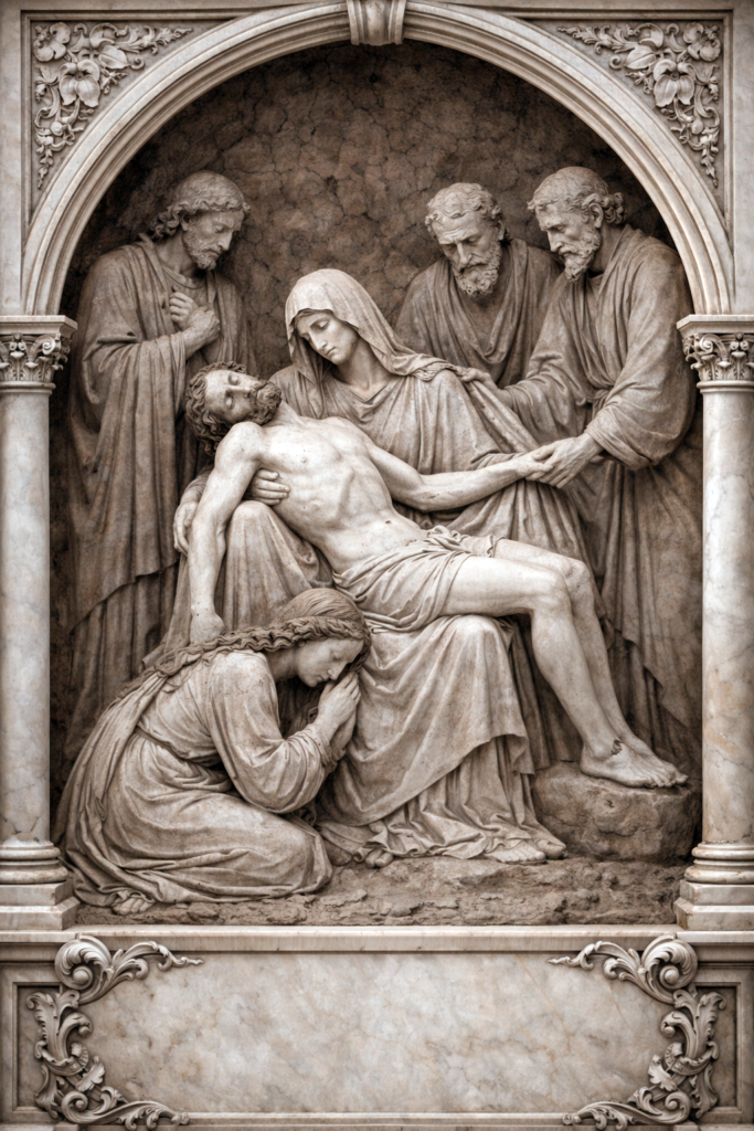Way of the Cross – Fifth Friday of Lent Jesus taken down from the cross, Pieta style marble sculpture