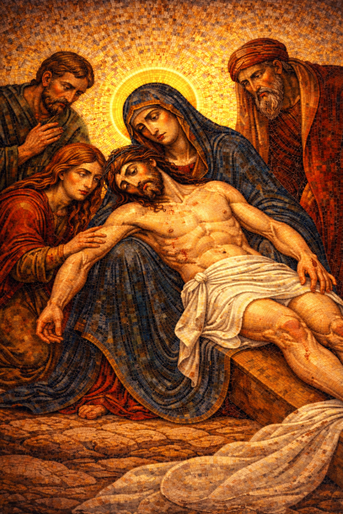 Station 13 Pieta Virgin Mary holding the body of Jesus after crucifixion Byzantine mosaic scene