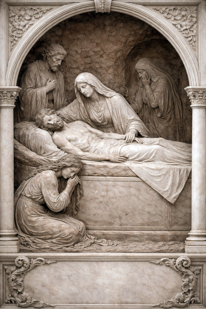 Way of the Cross – Fifth Friday of Lent Jesus laid in the tomb, burial scene marble relief