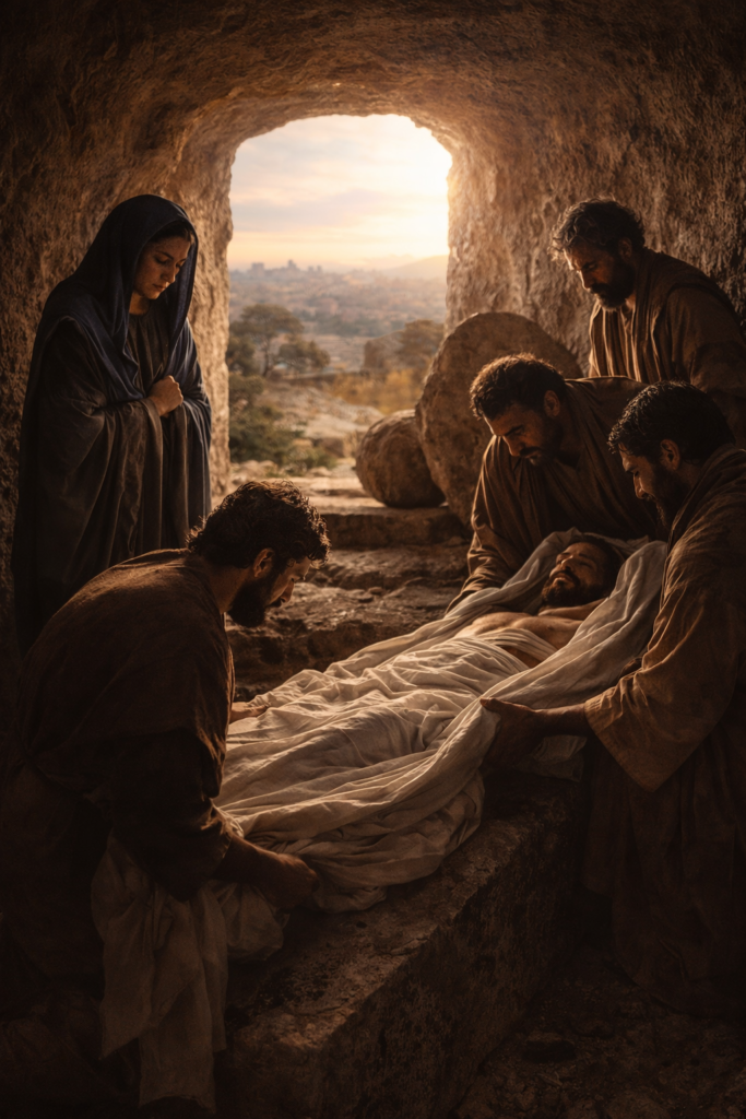 Station 14 – Jesus is laid in the tomb as His followers prepare His body for burial
