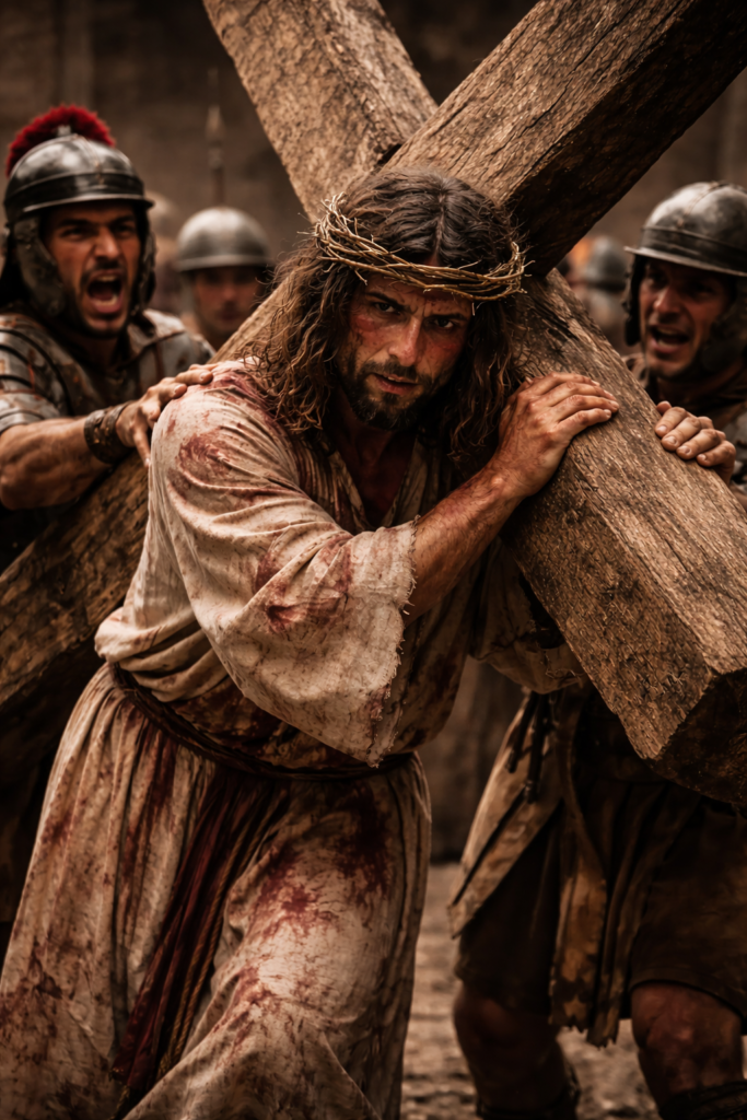 Station 2 – Jesus accepts and carries the wooden cross as Roman soldiers prepare Him for the journey to Calvary