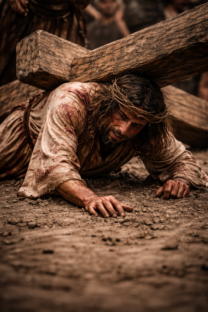 Station 3 – Jesus falls to the ground for the first time under the heavy cross on the road to Calvary