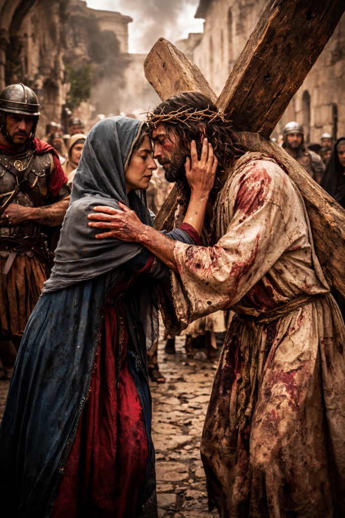 Station 4 – Jesus meets His sorrowful mother Mary while carrying the cross toward Calvary