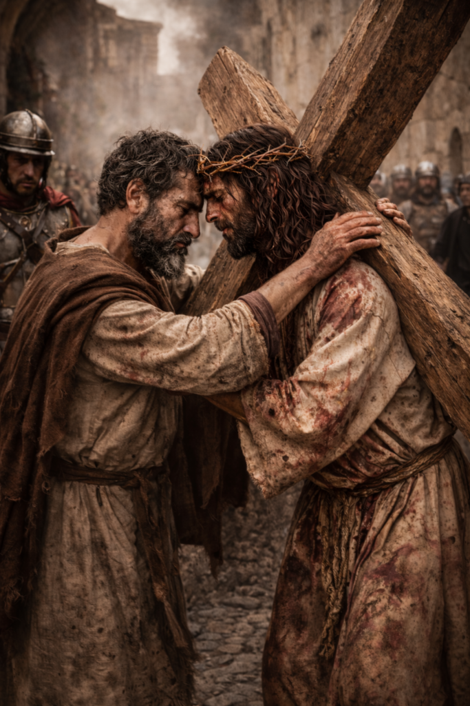 Station 5 – Simon of Cyrene helps Jesus carry the cross along the road to Golgotha