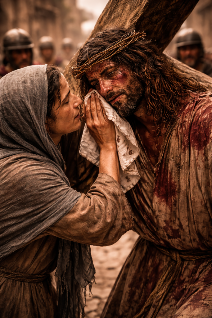 Station 6 – Veronica compassionately wipes the face of Jesus as He carries the cross
