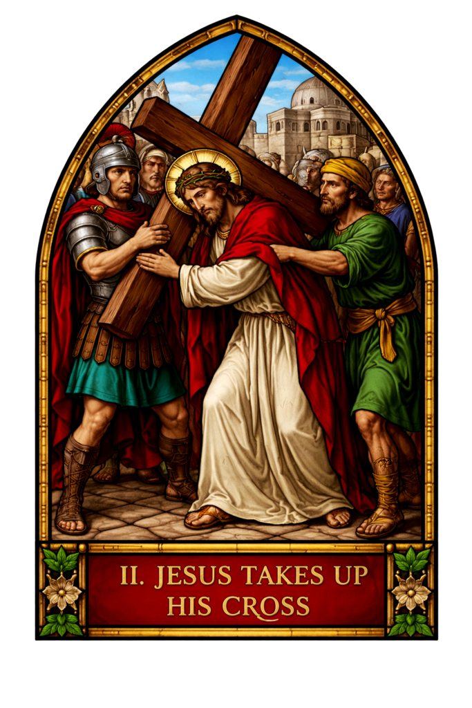 Jesus carrying the heavy wooden Cross on His shoulders, beginning the journey to Calvary, Roman soldiers leading Him