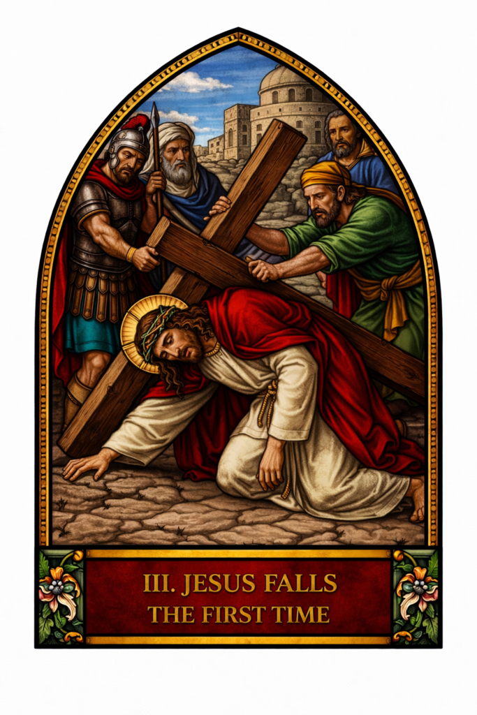 Jesus falling under the weight of the Cross for the first time, dust rising from the ground, struggle and exhaustion visible