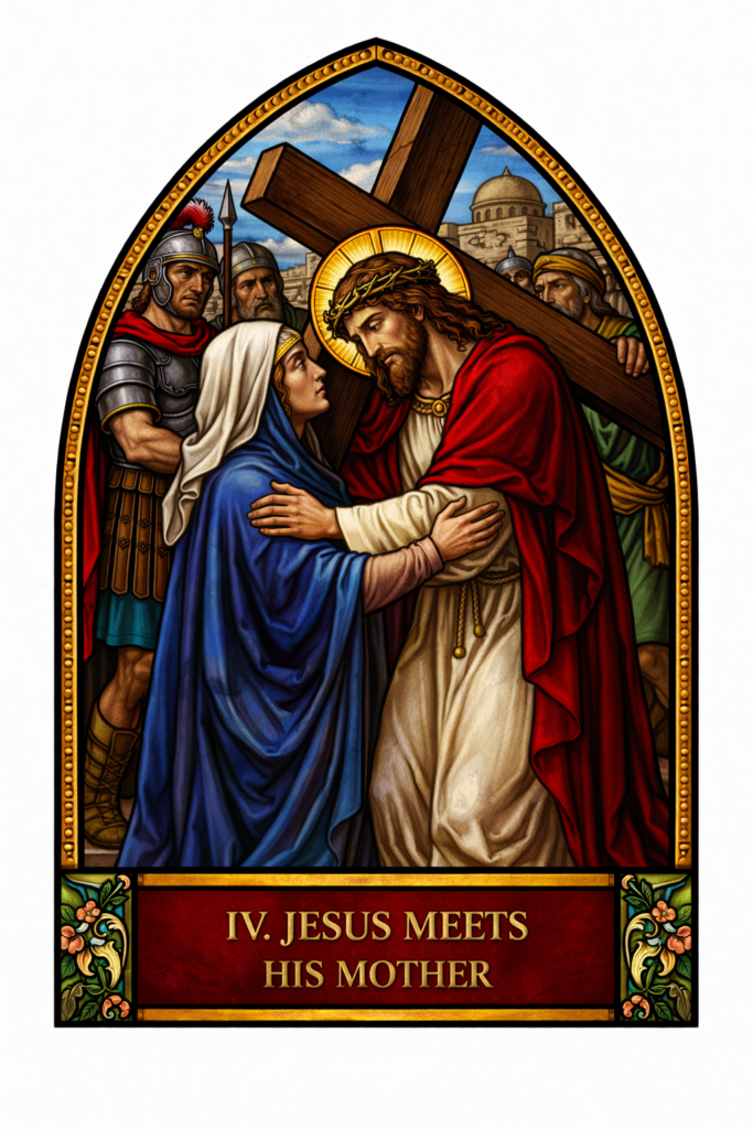 Jesus meets Mother Mary on the way of the Cross, emotional exchange of sorrow and love between mother and Son