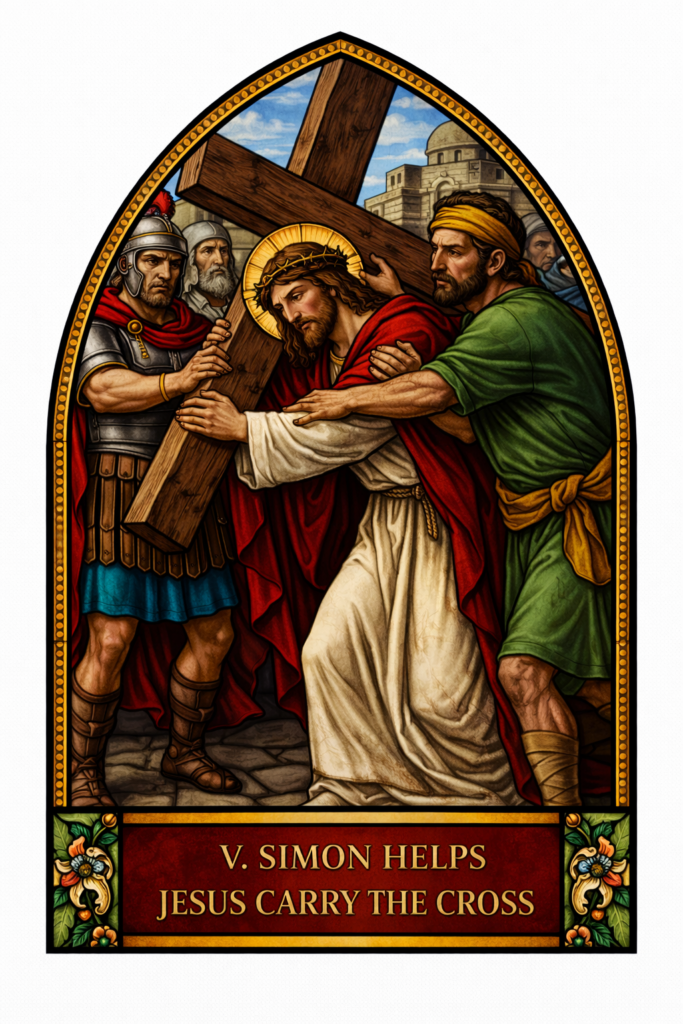 Simon of Cyrene helping Jesus carry the Cross, sharing the burden as Roman soldiers force him to assist