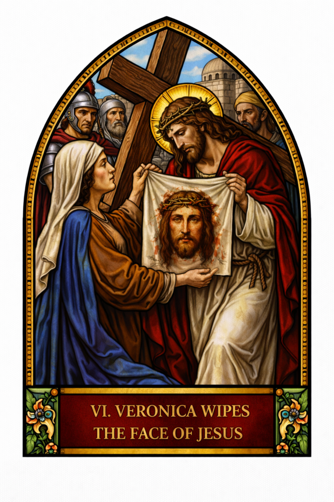 Veronica compassionately wiping the face of Jesus, revealing His suffering and mercy in a moment of kindness