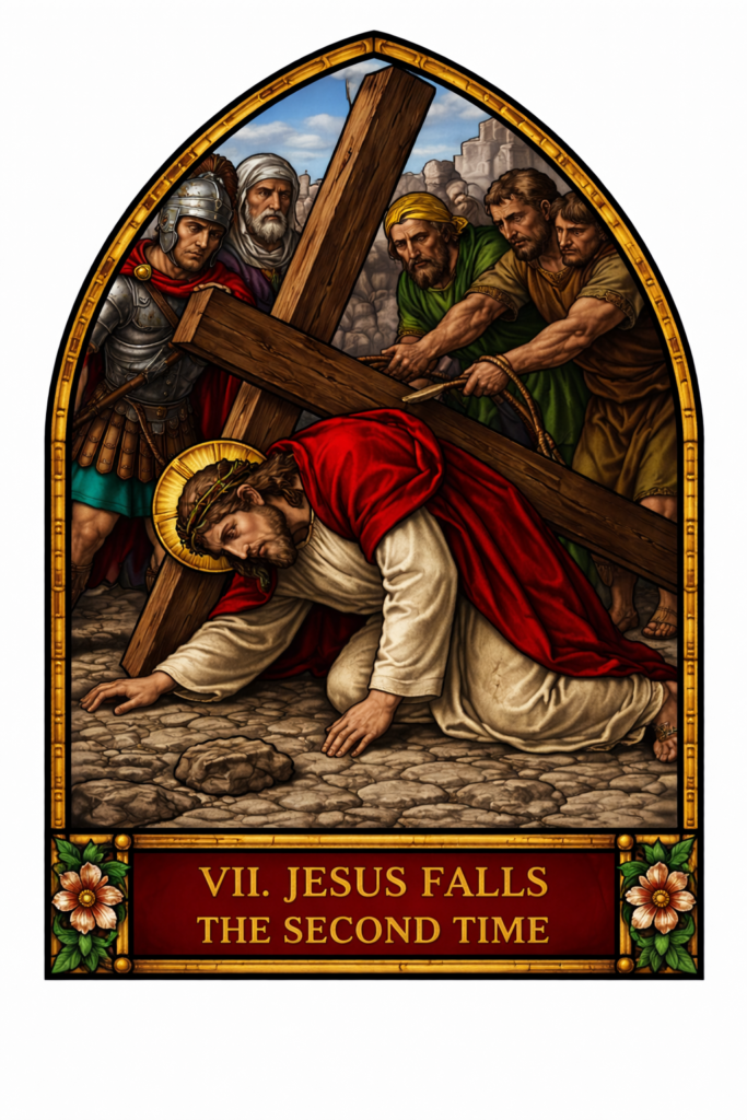 Jesus collapsing again under the weight of the Cross, weakened yet determined to continue the path to Calvary