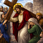 Way of the Cross – 6th Friday of Lent Jesus Christ carrying the Cross on the road to Calvary, cinematic dramatic lighting, sorrowful yet divine expression, Stations of the Cross reflection theme