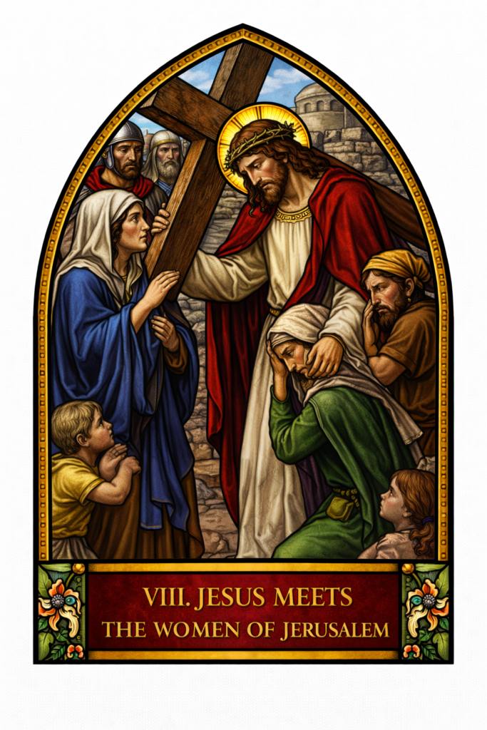 Jesus speaking to the women of Jerusalem who weep for Him, calling them to repentance amid sorrow