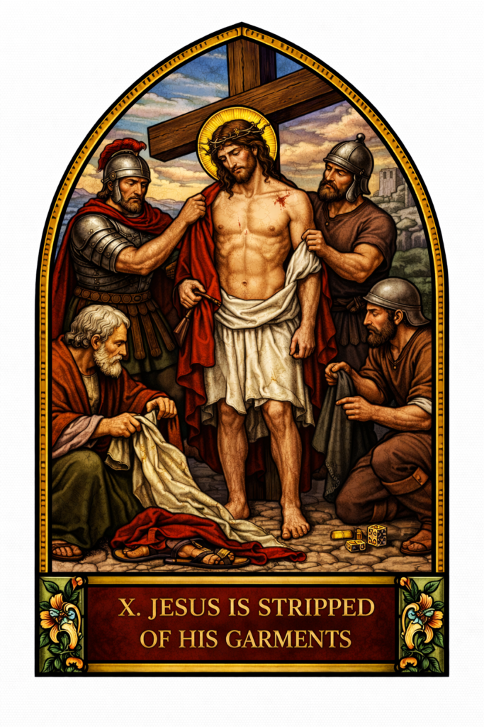 Roman soldiers stripping Jesus of His garments before crucifixion, exposing His wounds and humiliation