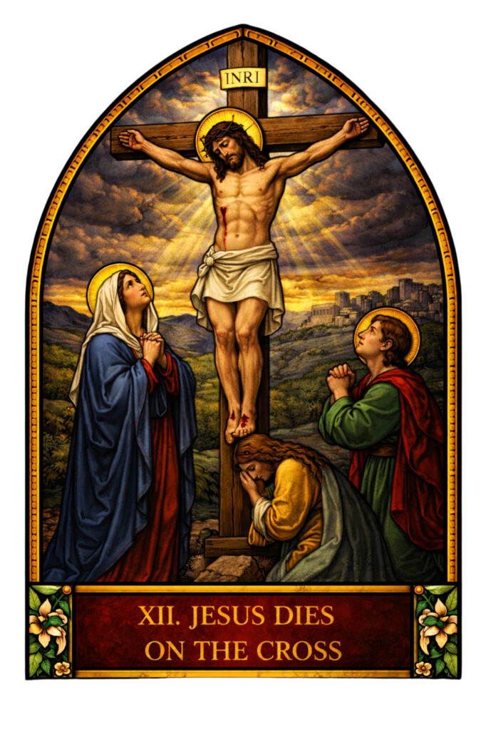 Jesus crucified on the Cross at Calvary with INRI sign above, sky darkened, moment of His death for humanity
