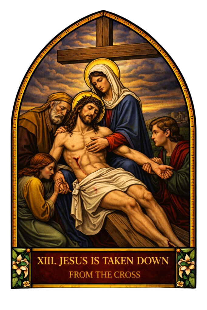 The body of Jesus taken down from the Cross, placed in the arms of Mother Mary, sorrowful Pietà moment