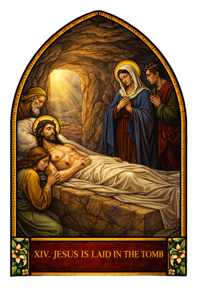 Jesus laid in the tomb with visible nail wounds, disciples mourning, quiet solemn atmosphere of burial