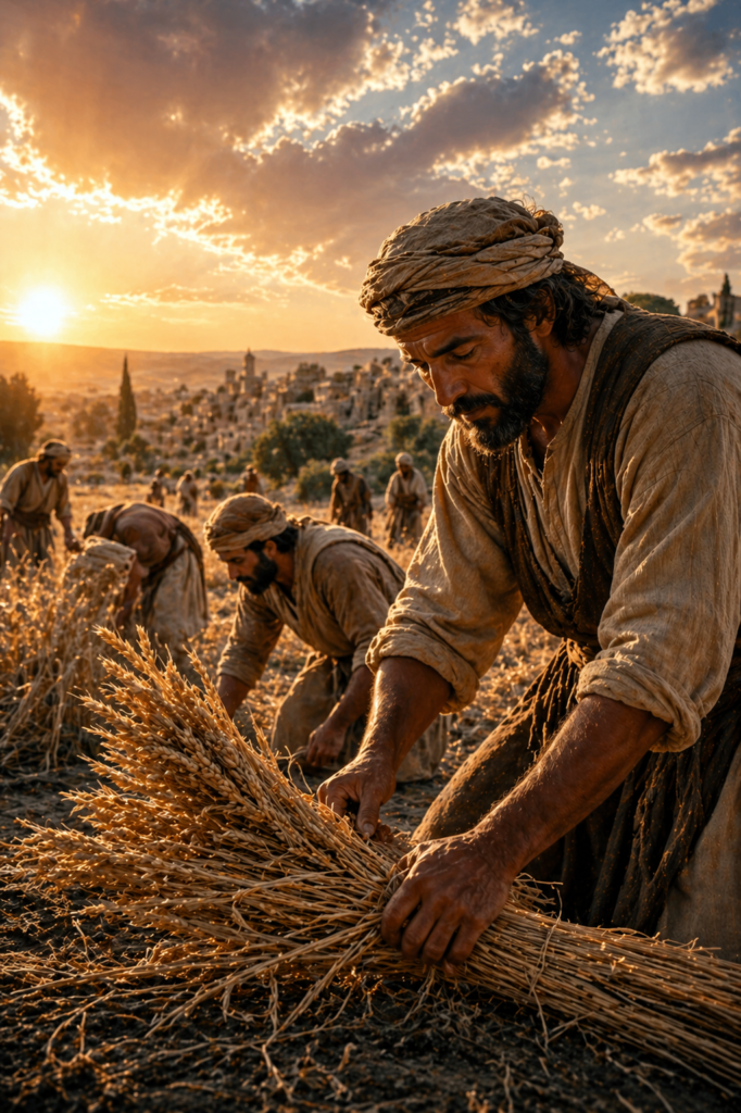 Biblical workers harvesting field representing scripture on labor