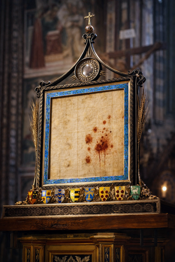Bolsena Eucharistic miracle corporal relic with blood stains preserved in reliquary