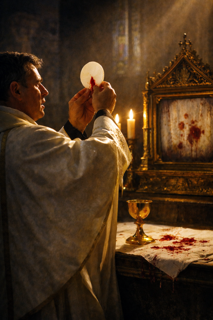 Catholic priest holding bleeding host during Eucharistic miracle at Bolsena