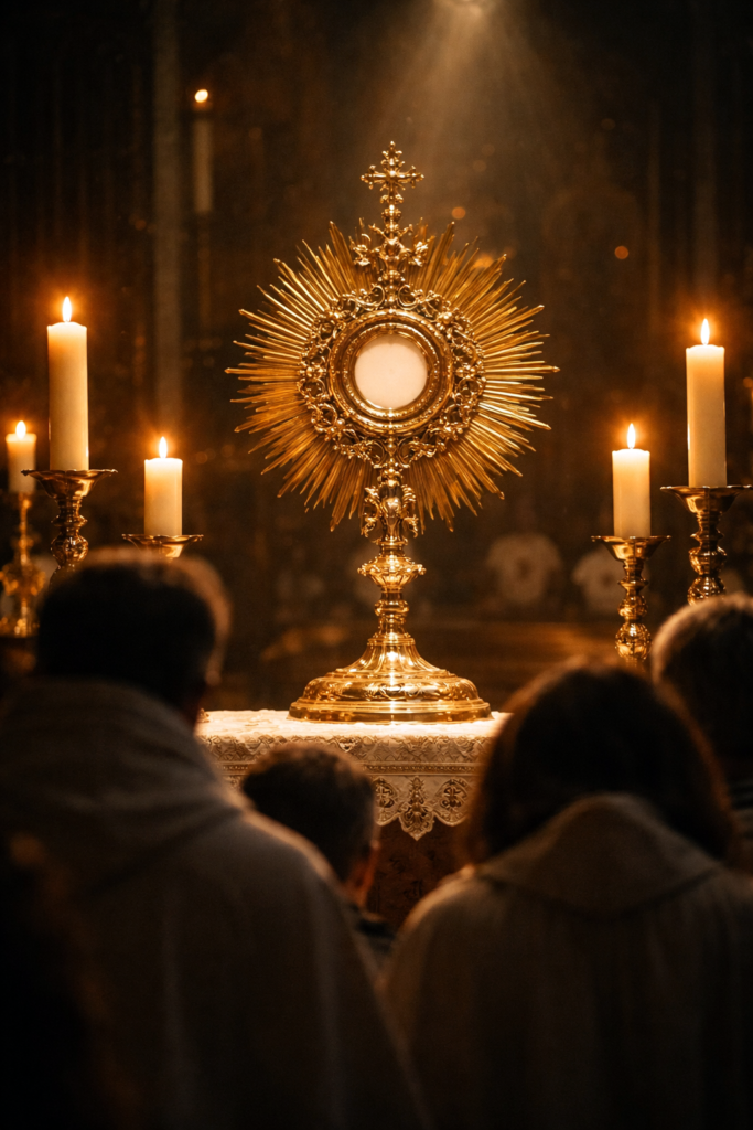 Eucharistic adoration with golden monstrance and faithful in prayer