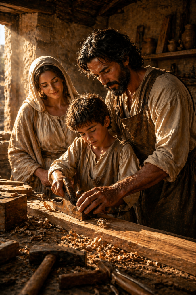 Saint Joseph teaching young Jesus carpentry with Mary in background