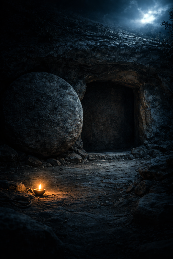 The Resurrection of Christ: When Silence Was Broken by Eternity Sealed tomb of Jesus at night with a small candle representing hope in darkness
