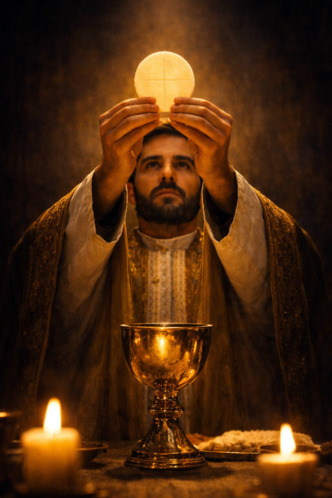 Holy Thursday: The Gift of the Eucharist, the Priesthood, and the Command to Love Catholic priest elevating the Eucharistic host during Holy Mass with golden light