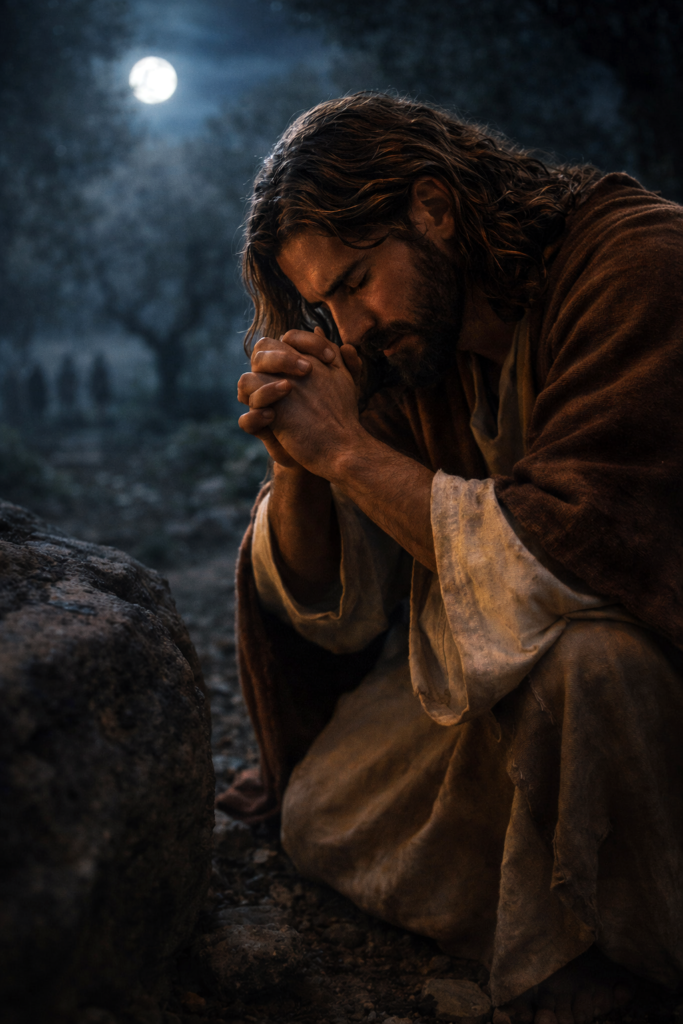 Holy Thursday: The Gift of the Eucharist, the Priesthood, and the Command to Love Jesus praying in the Garden of Gethsemane at night in deep anguish and surrender