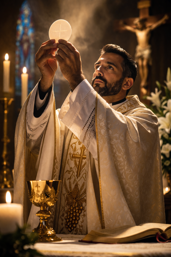 Holy Thursday: The Gift of the Eucharist, the Priesthood, and the Command to Love Catholic priest celebrating Mass and elevating the host during consecration