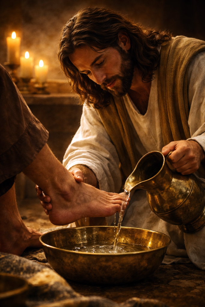 Holy Thursday: The Gift of the Eucharist, the Priesthood, and the Command to Love Jesus washing the feet of His disciple showing humility and service on Holy Thursday