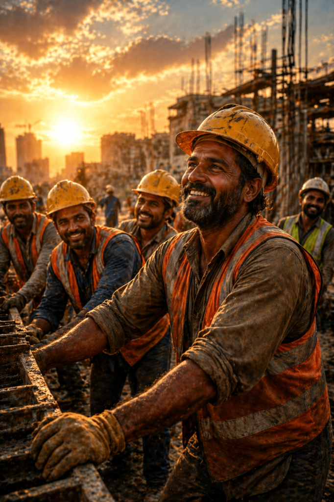 Modern construction workers in India representing dignity of labor