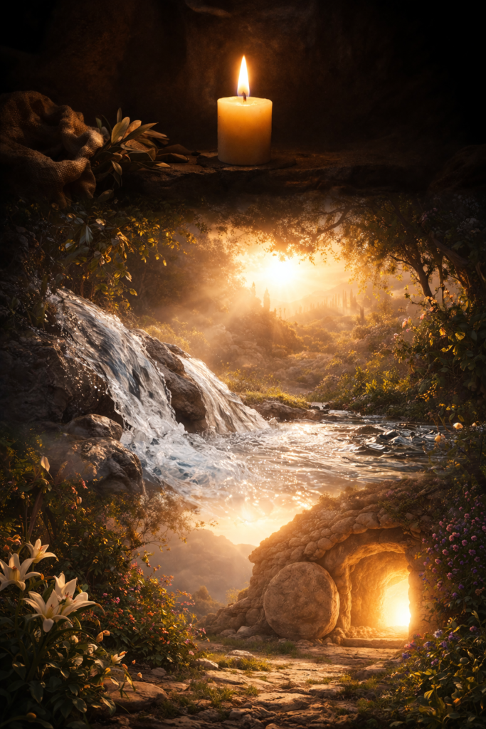 The Resurrection of Christ: When Silence Was Broken by Eternity Symbolic resurrection image showing candle light, flowing water, and empty tomb in a garden