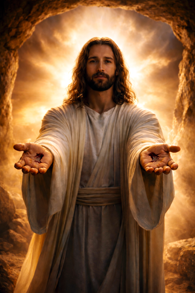 The Resurrection of Christ: When Silence Was Broken by Eternity Risen Jesus showing nail wounds in His hands with divine light and glory