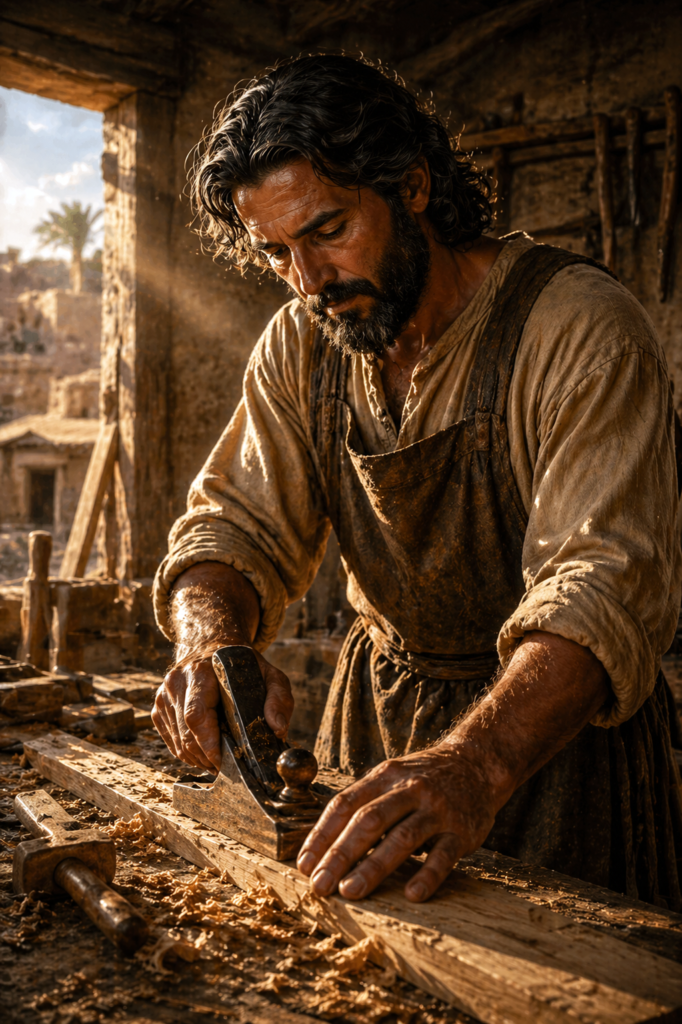 St Joseph working as carpenter shaping wood in Nazareth workshop