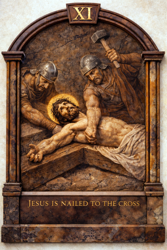 Jesus is nailed to the cross crucifixion Good Friday Way of the Cross