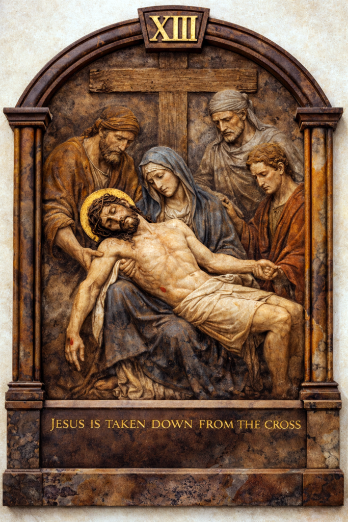 Jesus body is taken down from the cross Pieta moment with Mary