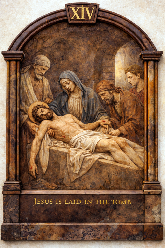 Jesus is laid in the tomb burial of Christ Good Friday Way of the Cross