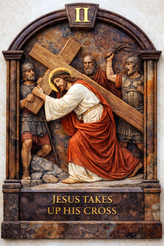 Jesus carrying the cross on the way to Calvary Good Friday Way of the Cross