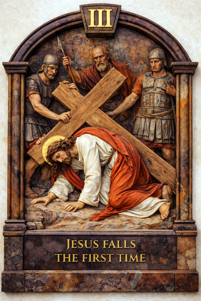 Jesus falls the first time under the weight of the cross Way of the Cross