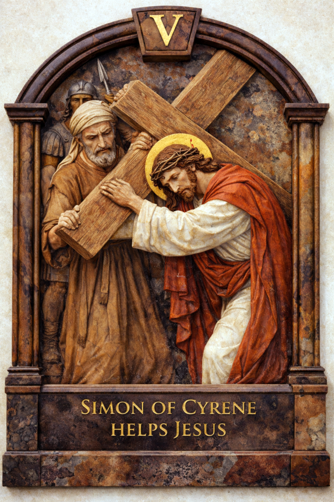 Simon of Cyrene helps Jesus carry the cross Way of the Cross Good Friday