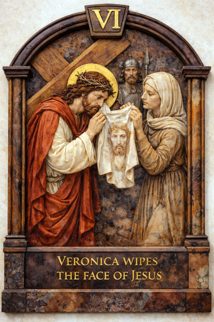 Veronica wipes the face of Jesus showing compassion Way of the Cross