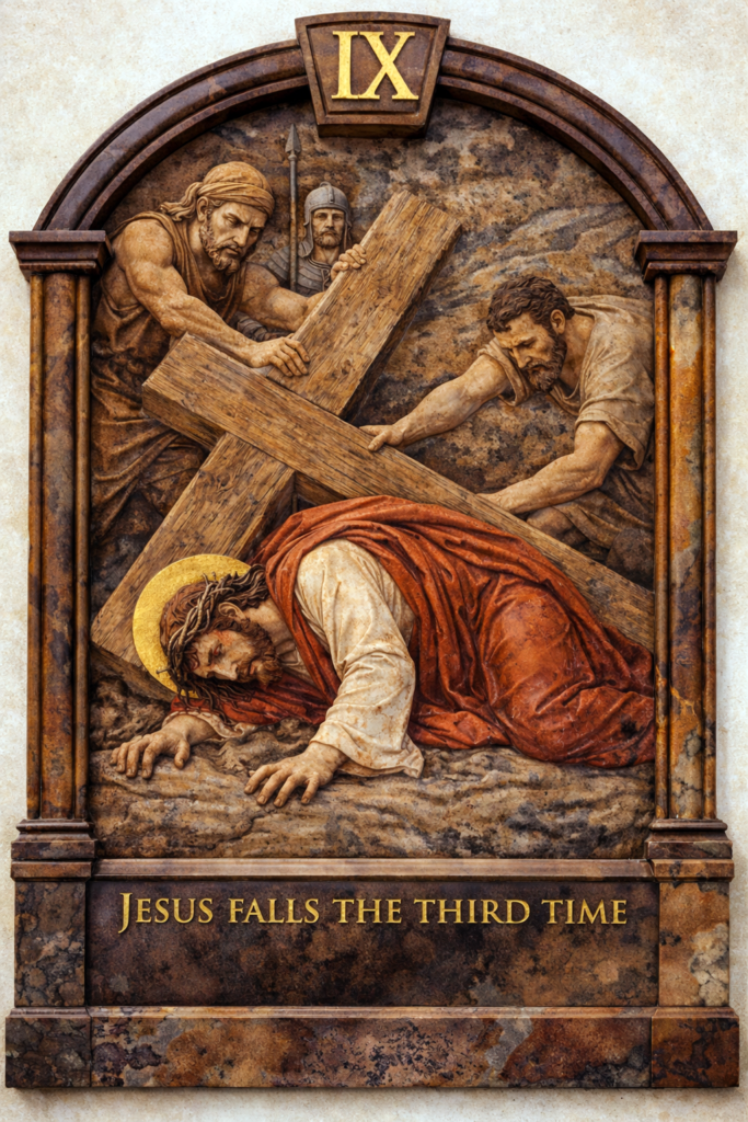 Jesus falls the third time near Calvary exhausted Way of the Cross