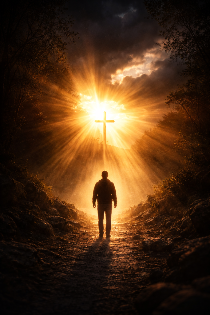 The Resurrection of Christ: When Silence Was Broken by Eternity Person walking toward a glowing cross with radiant light symbolizing hope and resurrection